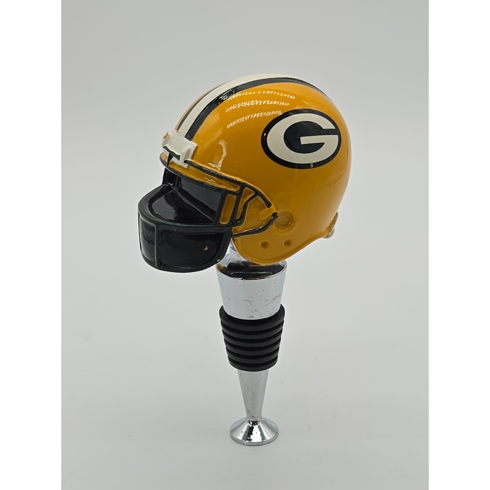 Green Bay Packers Resin Football Helmet Wine Bottle Stopper Yellow Chrome Base